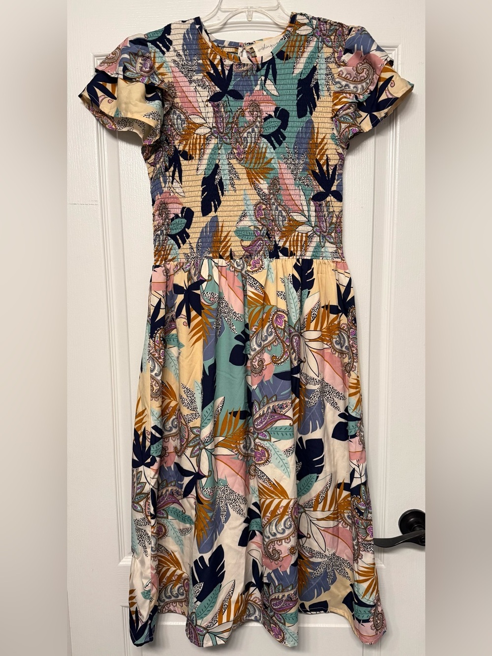 Wishing Waves Women’s Size L Smocked Tropical Paisley Midi Dress Boho Ruffle
